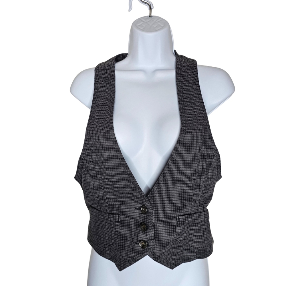 Unionbay Cropped Plaid Waistcoat Vest Y2K Deep V-Neck Button Front Gray Size L